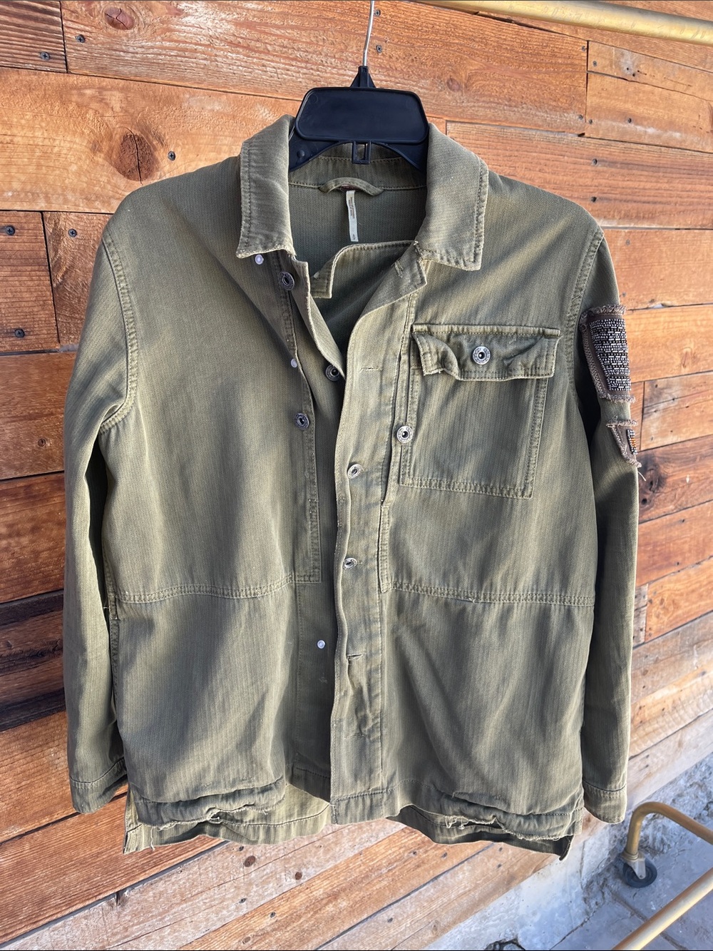 Free People Olive Military Utility Jacket Beaded Eagle Patch Cotton Small - Picture 2 of 6